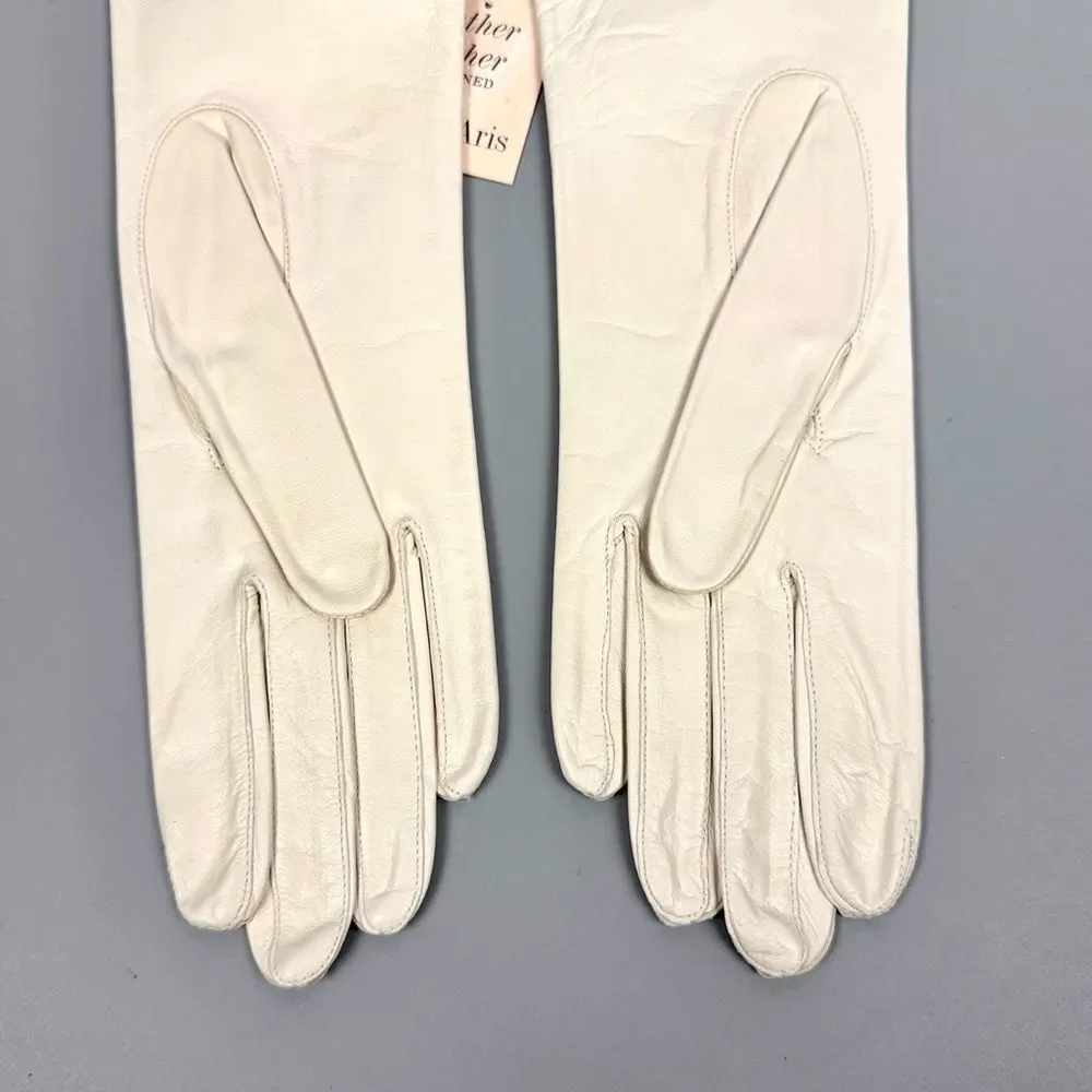 NWT Miss Aris White Ivory Leather Gloves Silk Lining Vintage size 7,5